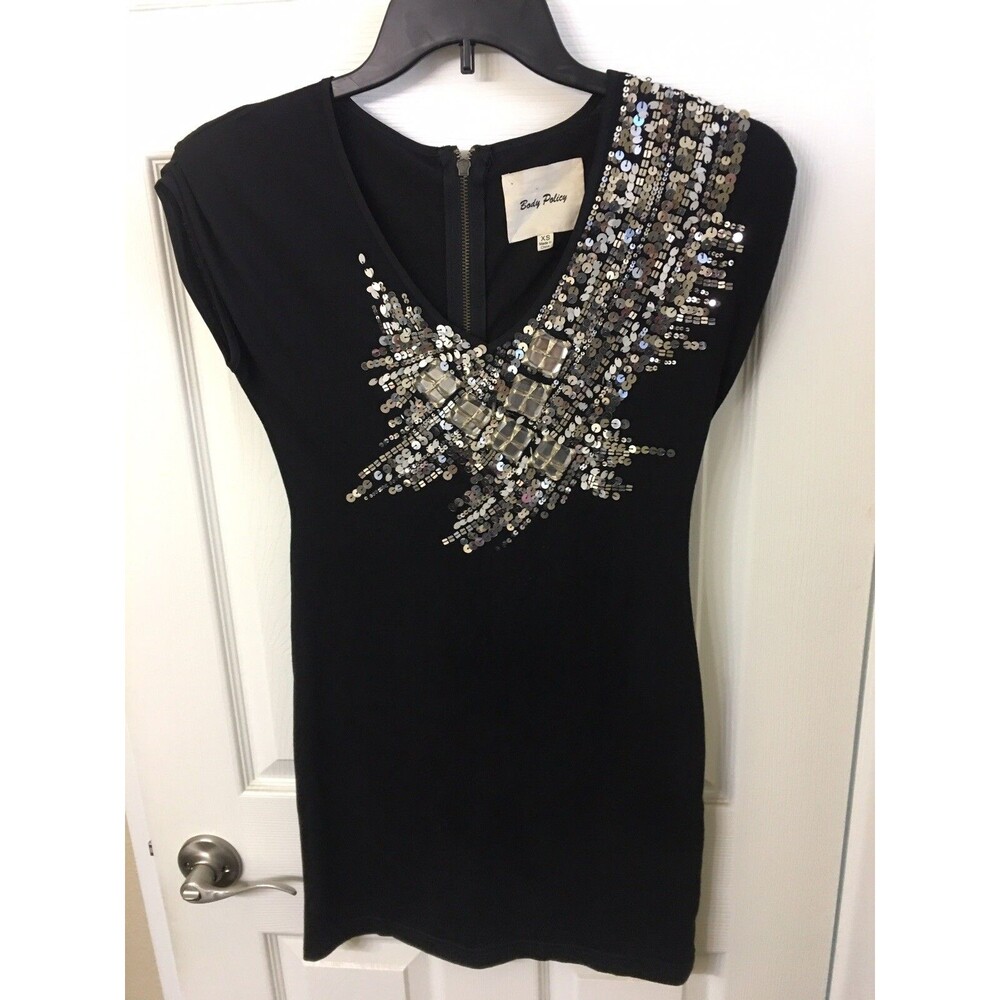 Body Policy Black V Neck Sequined Sparkle Cap Sleeve Mini Dress W/Back ZIP SZ XS